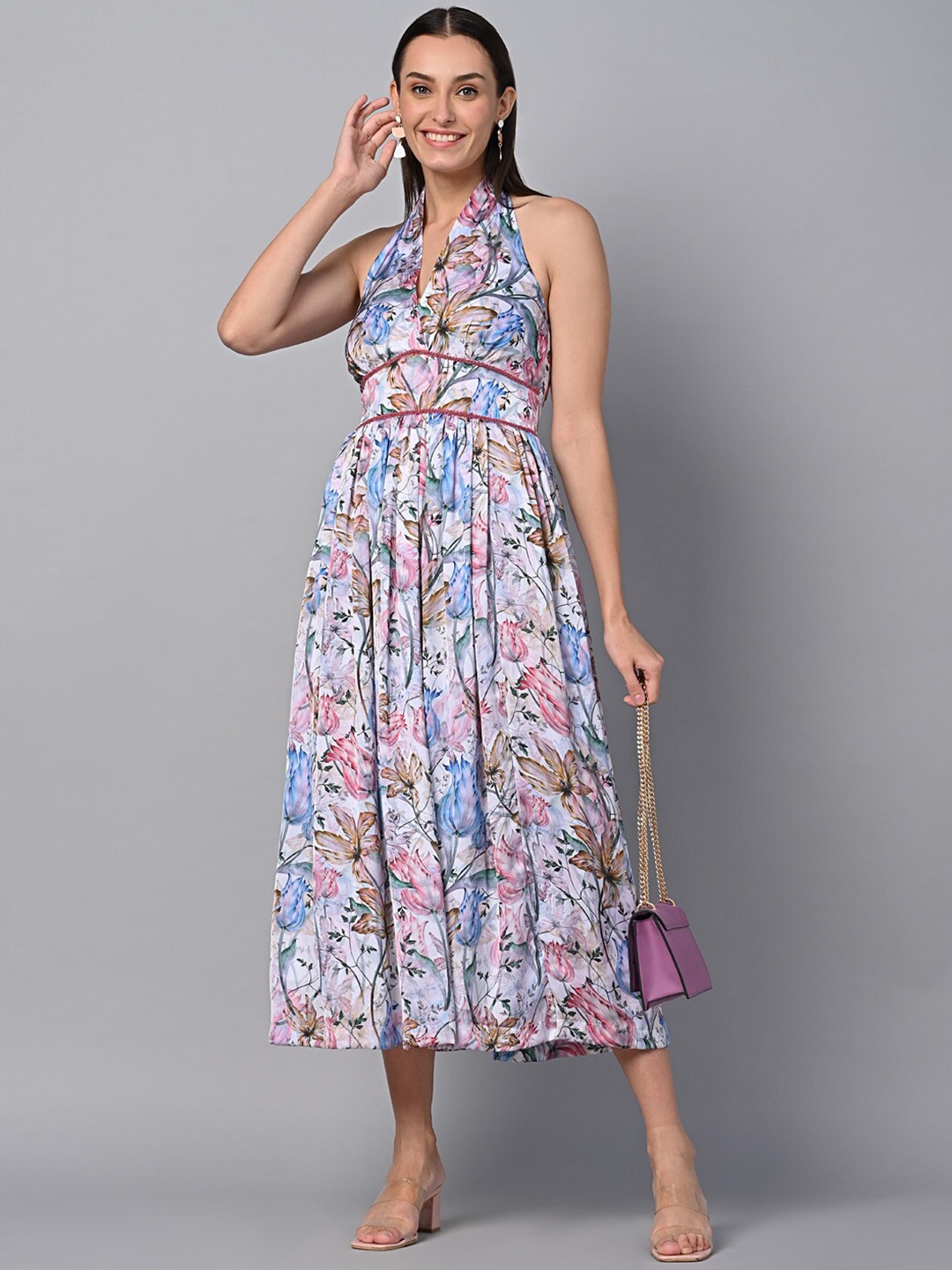 

Justin Whyte Floral Printed Halter Neck Gathered or Pleated Chiffon Fit & Flare Midi Dress, White