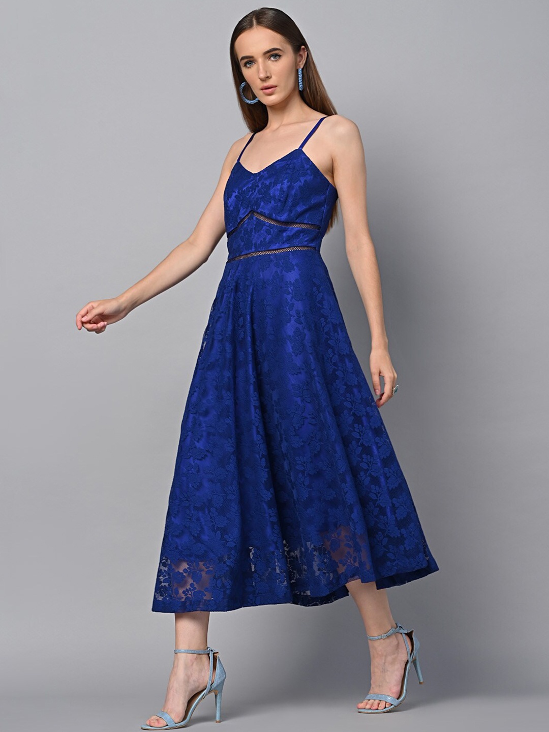 

Justin Whyte Floral Self Design Lace Fit & Flare Midi Dress, Blue
