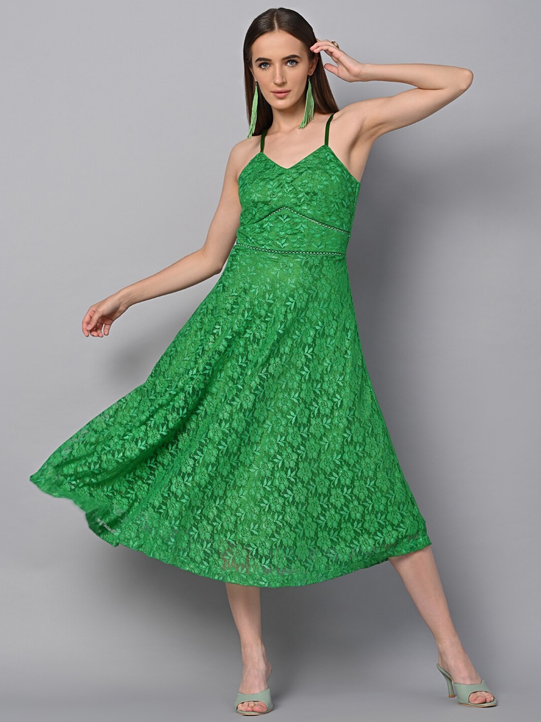 

Justin Whyte Floral Self Design Lace A-Line Midi Dress, Green