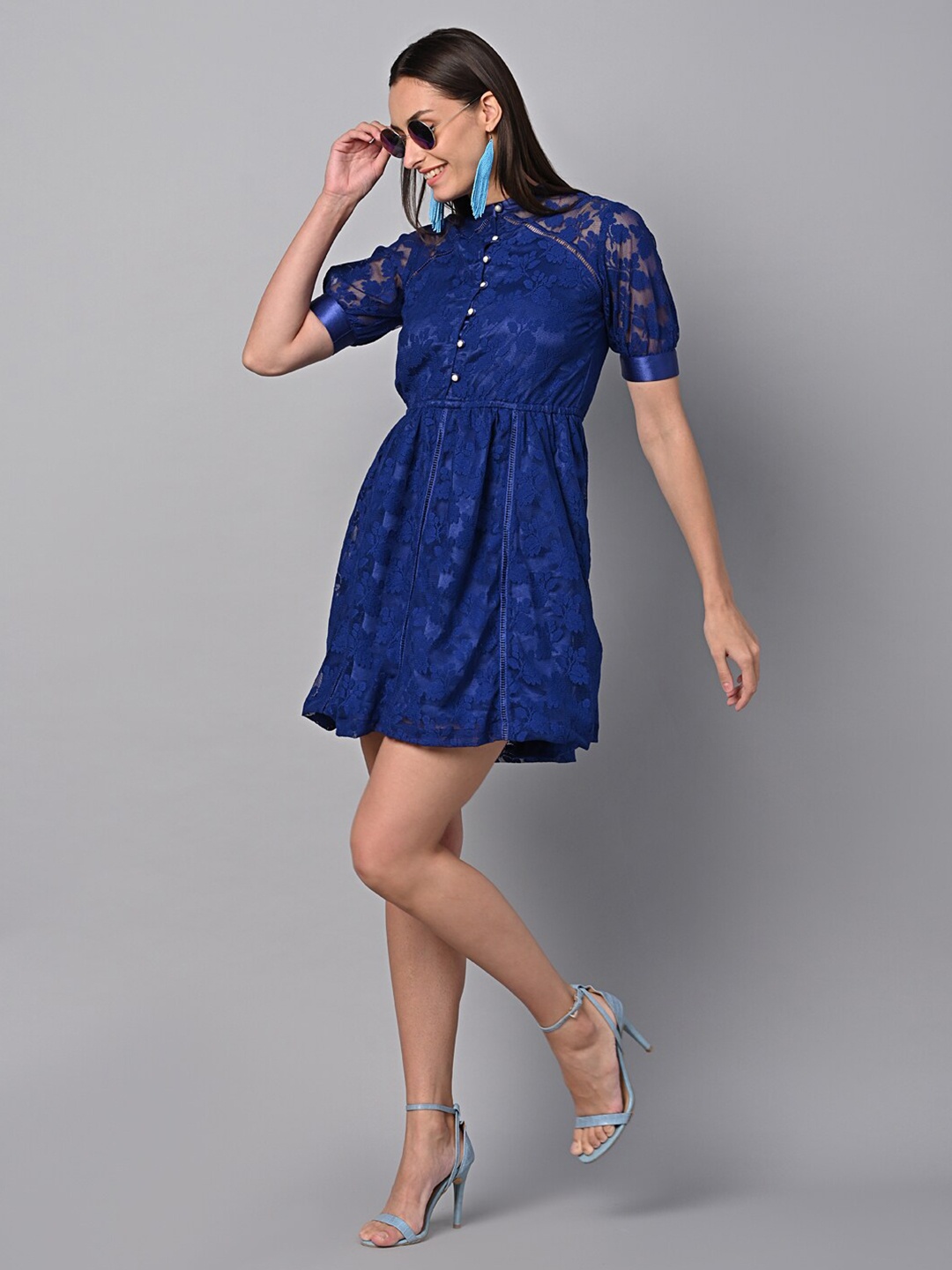 

Justin Whyte Floral Self Design Lace A Line Dress, Blue