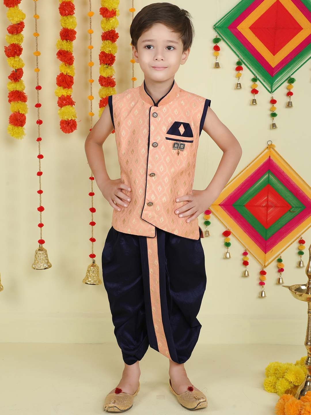 

BAESD Boys Woven Design Regular Kurta with Dhoti Pants, Peach