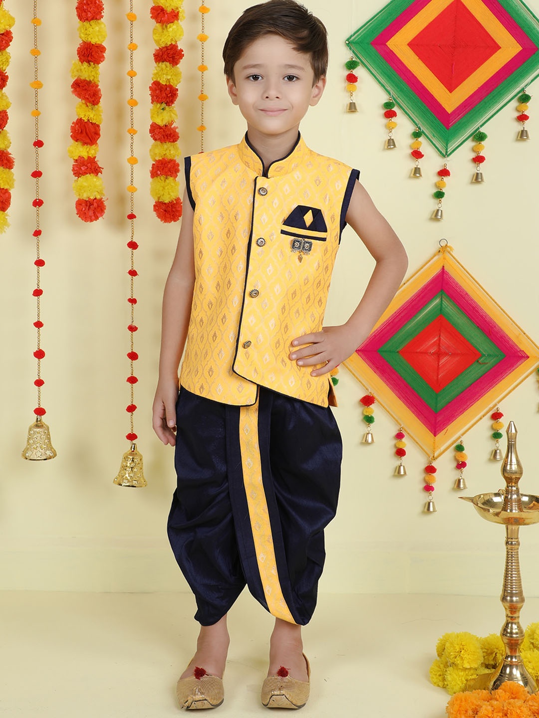 

BAESD Boys Woven Design Regular Kurta with Dhoti Pants, Mustard