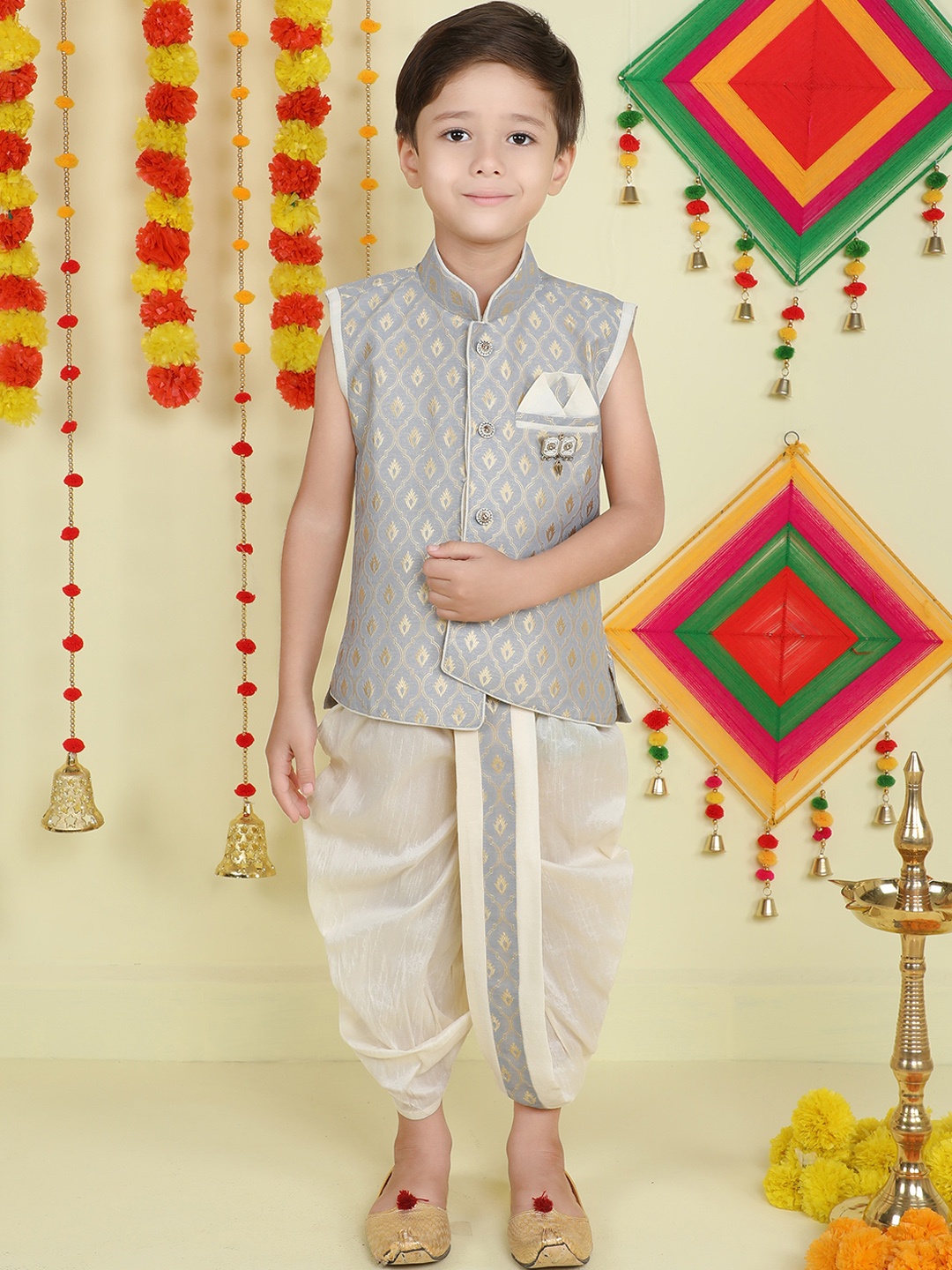 

BAESD Boys Woven Design Kurti With Dhoti Pants, Grey