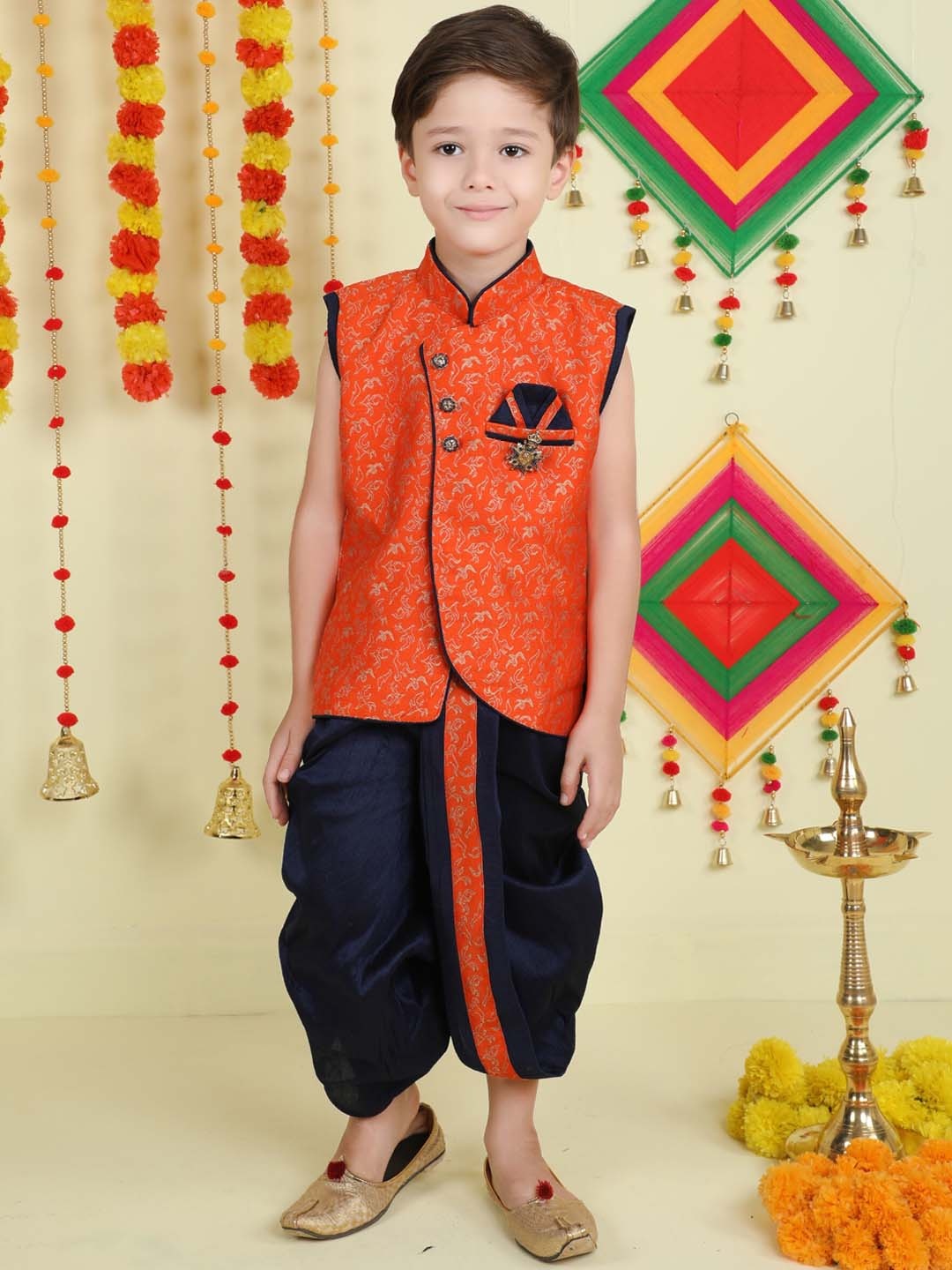 

BAESD Boys Woven Design Kurti With Dhoti Pants, Orange