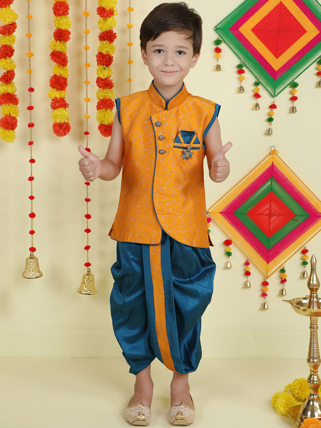

BAESD Boys Woven Design Kurti With Dhoti Pants, Mustard
