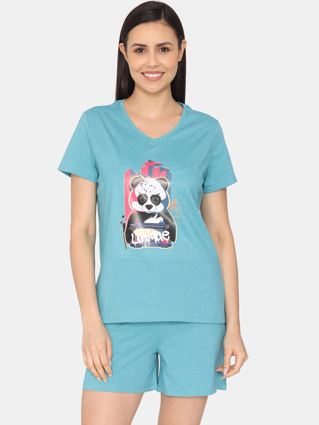 

Rosaline by Zivame Graphic Printed Pure Cotton Night suit, Blue