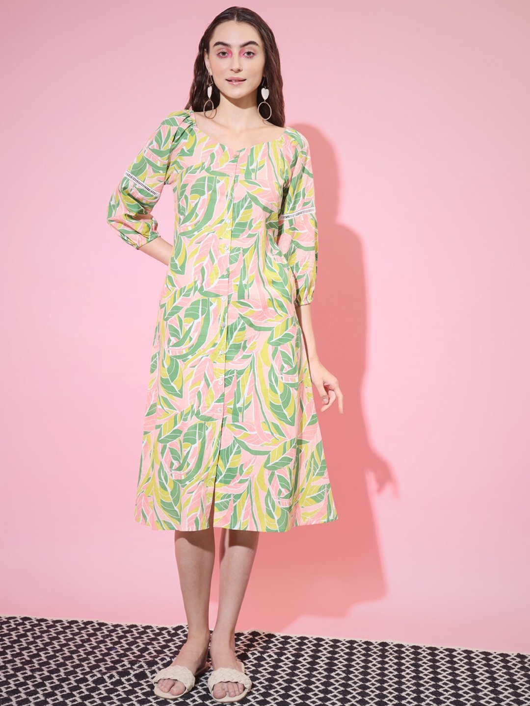 

Sangria Tropical Printed Lace Insert Detailed Cotton A-Line Dress, Peach