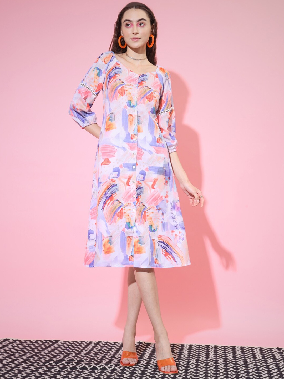 

Sangria Abstract Printed Cuffed Sleeves A-Line Dress, Purple