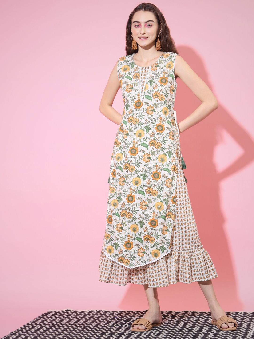 

Sangria Floral Printed Cotton Ethnic A-Line Midi Dress, White