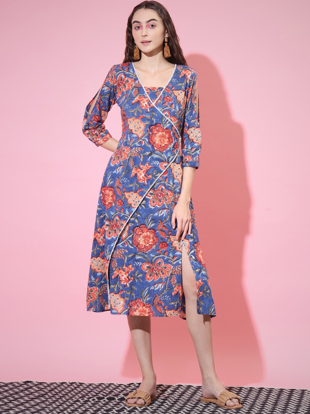 

Sangria Square Neck Floral Printed Lace Inserts Cotton A-Line Ethnic Dress, Blue