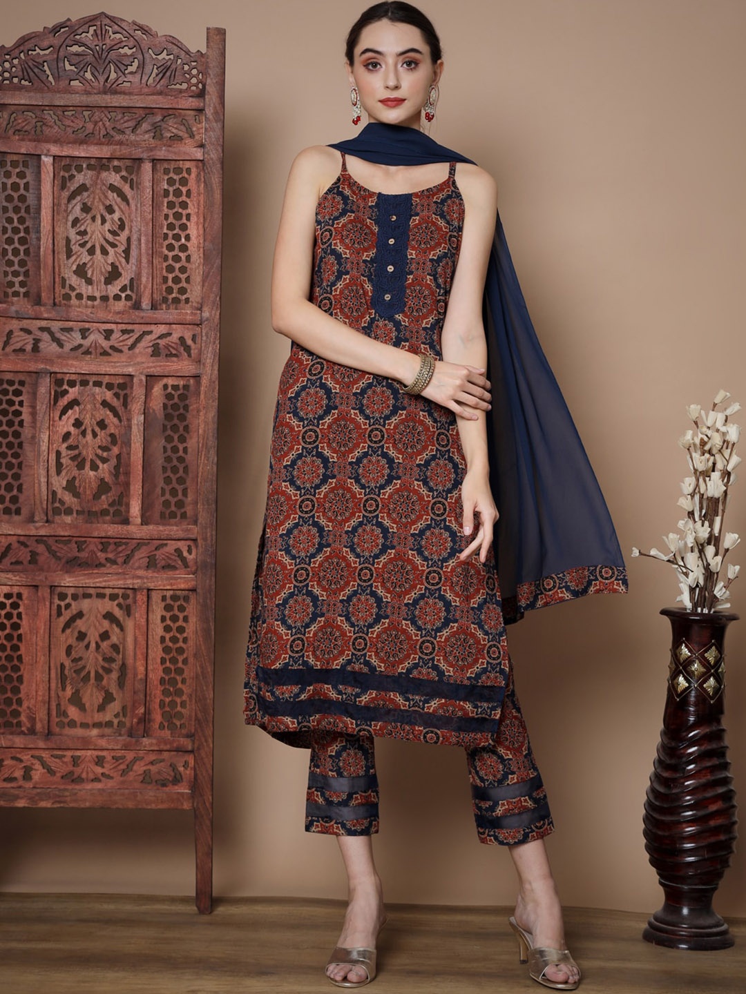 

Sangria Maroon Ethnic Motifs Printed Pure Cotton Straight Kurta With Trousers & Dupatta