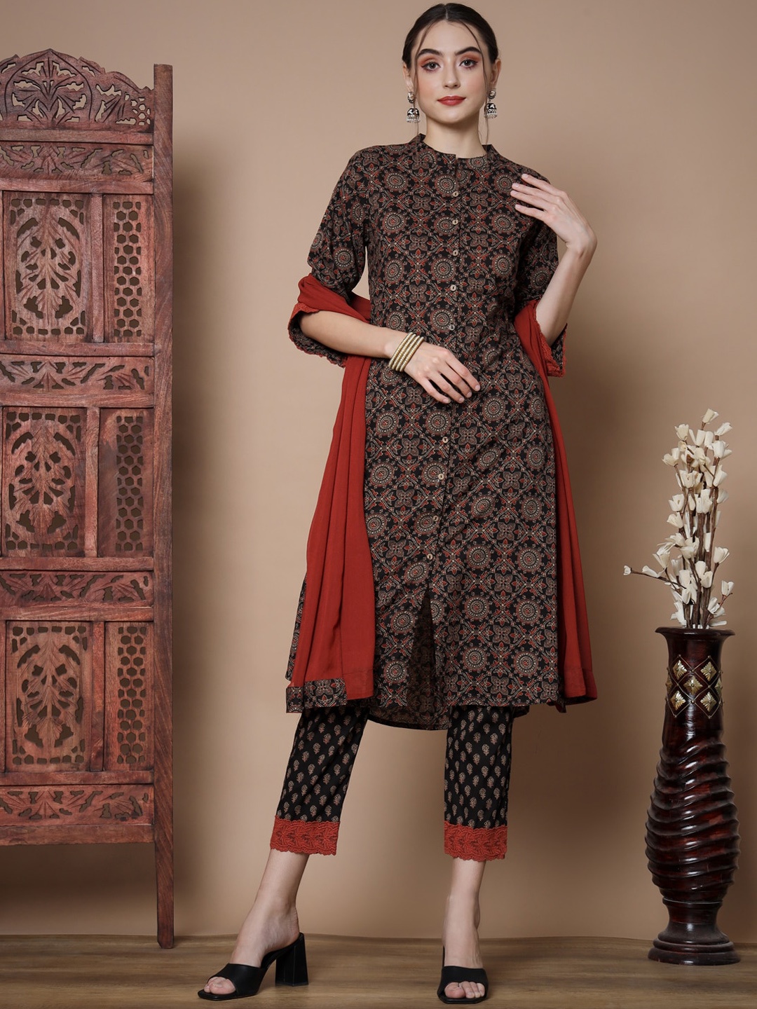 

Sangria Black Ethnic Motifs Printed Pure Cotton A-line Kurta With Trousers & Dupatta