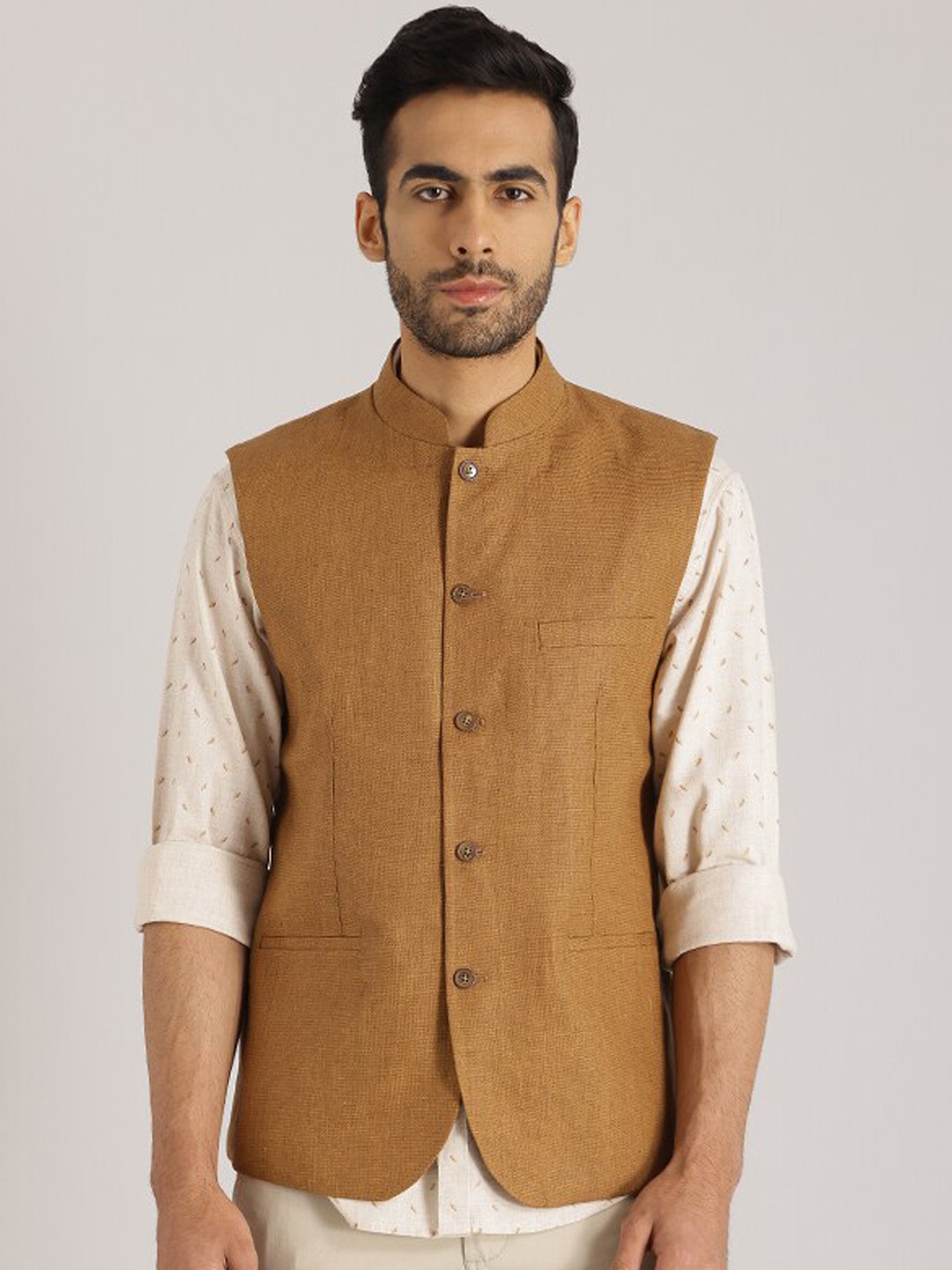 

Indian Terrain Slim Fit Pure Linen Nehru Jacket, Camel brown