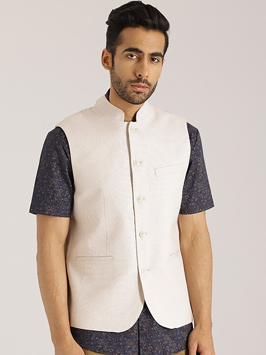 

Indian Terrain Cotton Linen Nehru Jacket, Beige