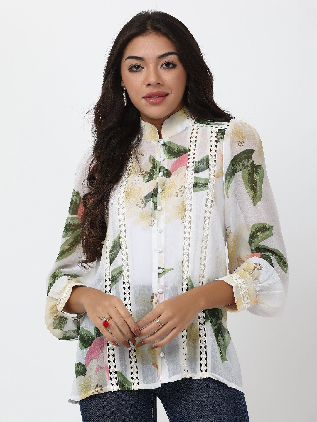 

TSM Floral Printed Cuffed Sleeves Lace Insert Detailed Shirt Style Top, White