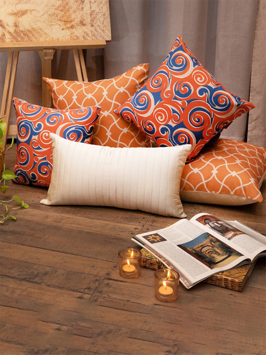 

ZEBA Orange & Blue 5 Pieces Ethnic Motifs Square Cushion Covers