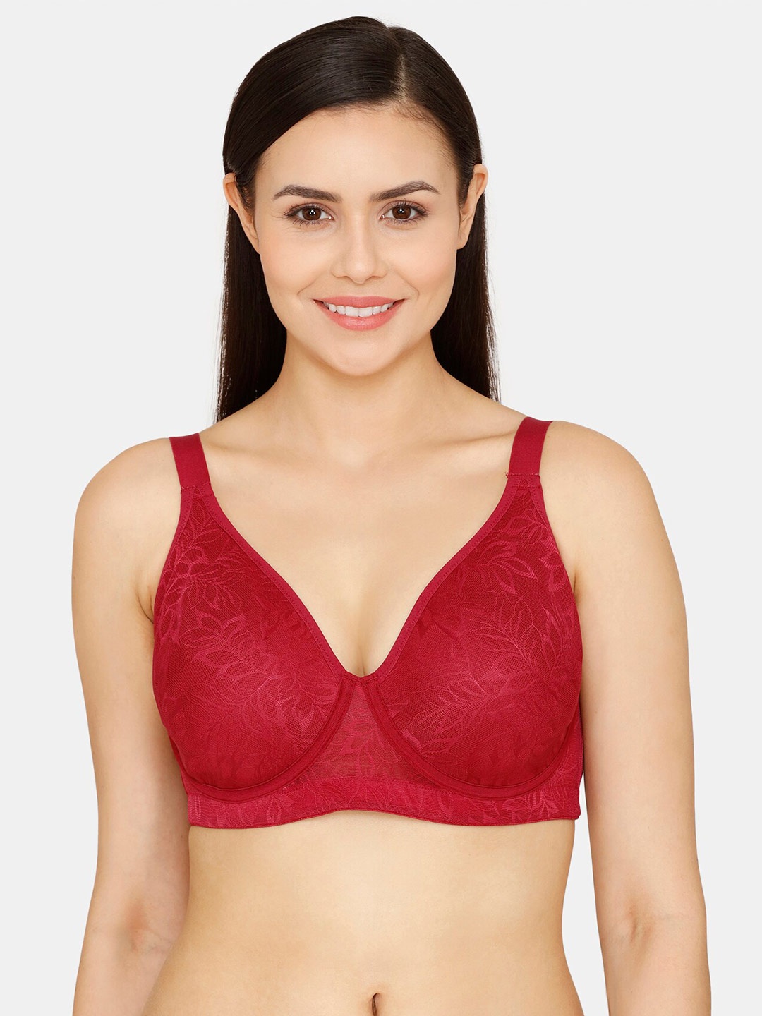 

Zivame Floral Laced Everyday Bra With Full Coverage Lightly Padded All Day Comfort, Red