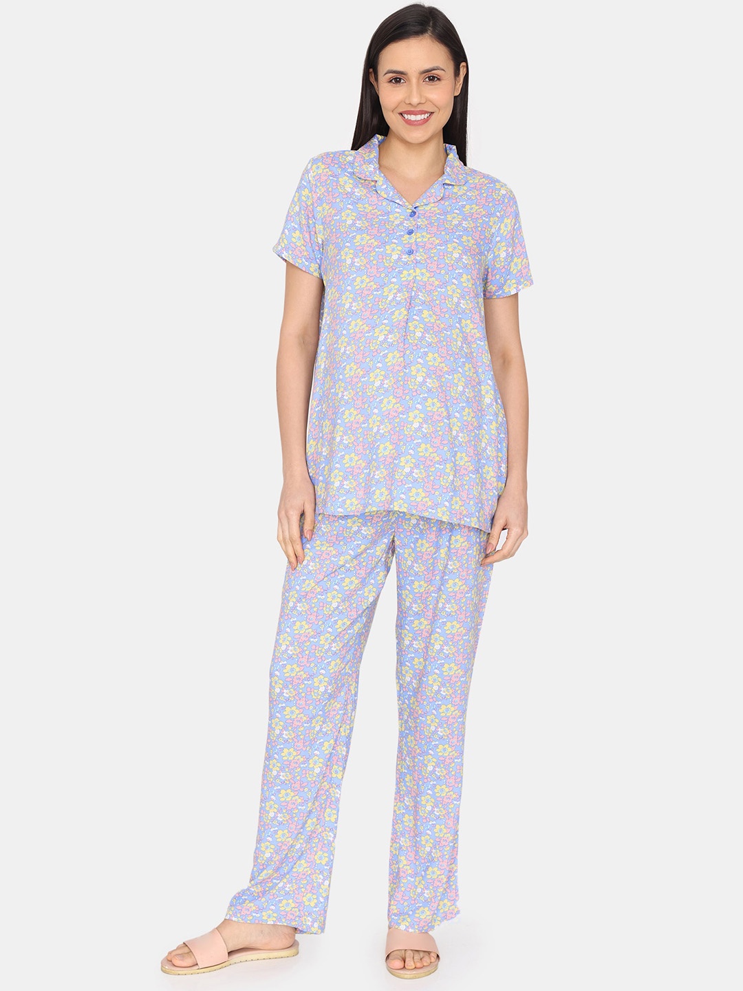 

Zivame Floral Printed Maternity Night Suit, Blue