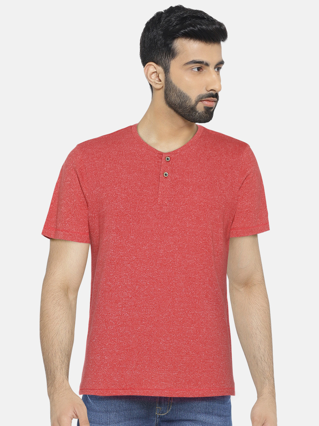 

Arrow Sport Red Self Design Henley Neck T-shirt