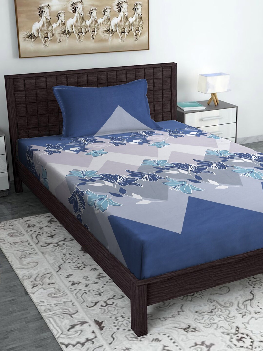 

SOKNACK Blue & Grey Floral Printed 280 TC Single Bedsheet with 1 Pillow Cover