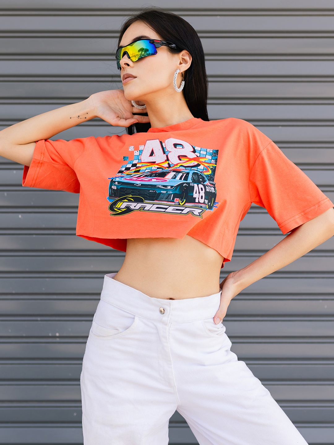 

Stylecast X Hersheinbox Orange & Black Print Cotton Boxy Crop Top