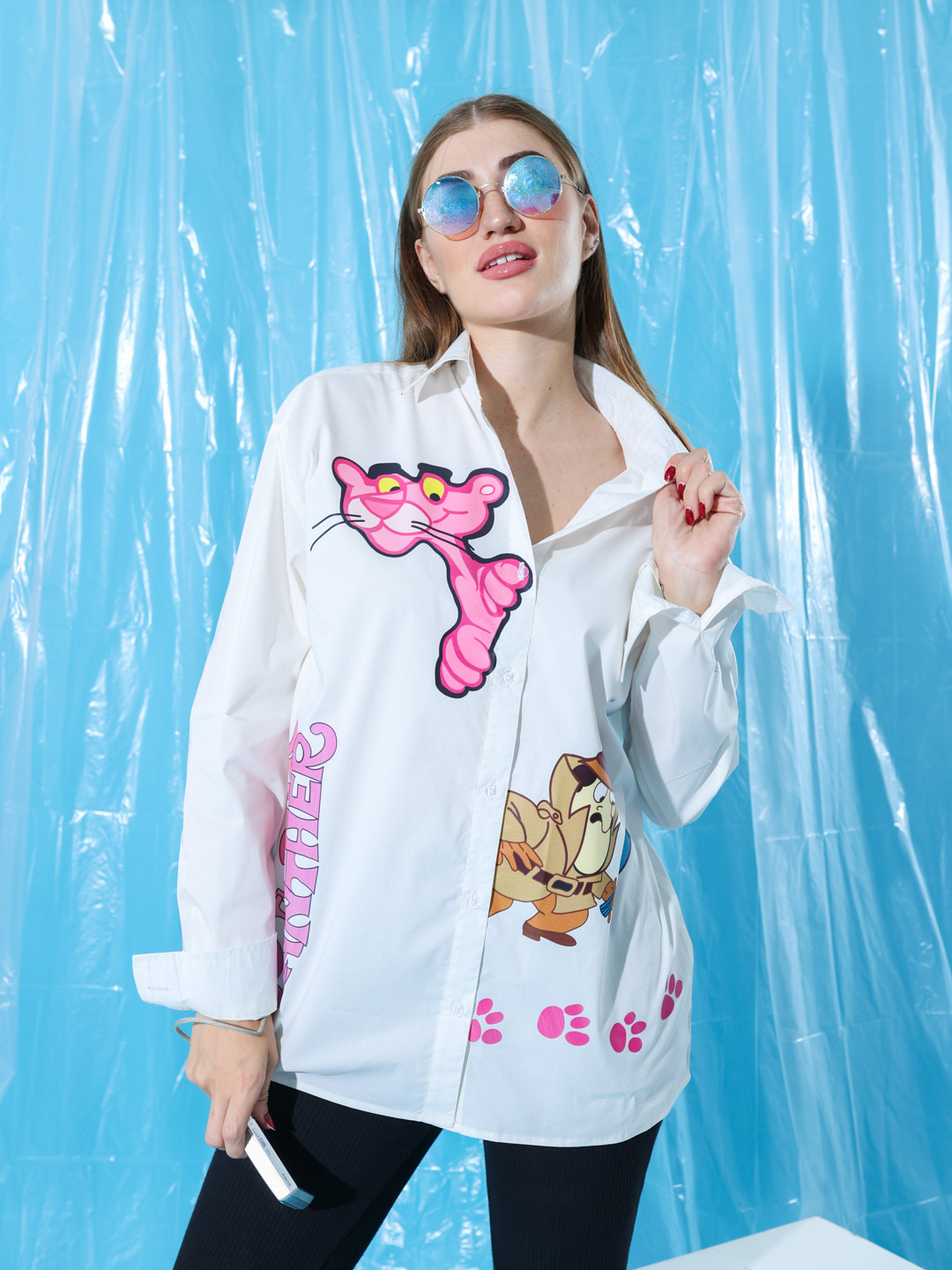 

Stylecast X Hersheinbox Pure Cotton Pink Panther Printed Oversized Casual Shirt, White