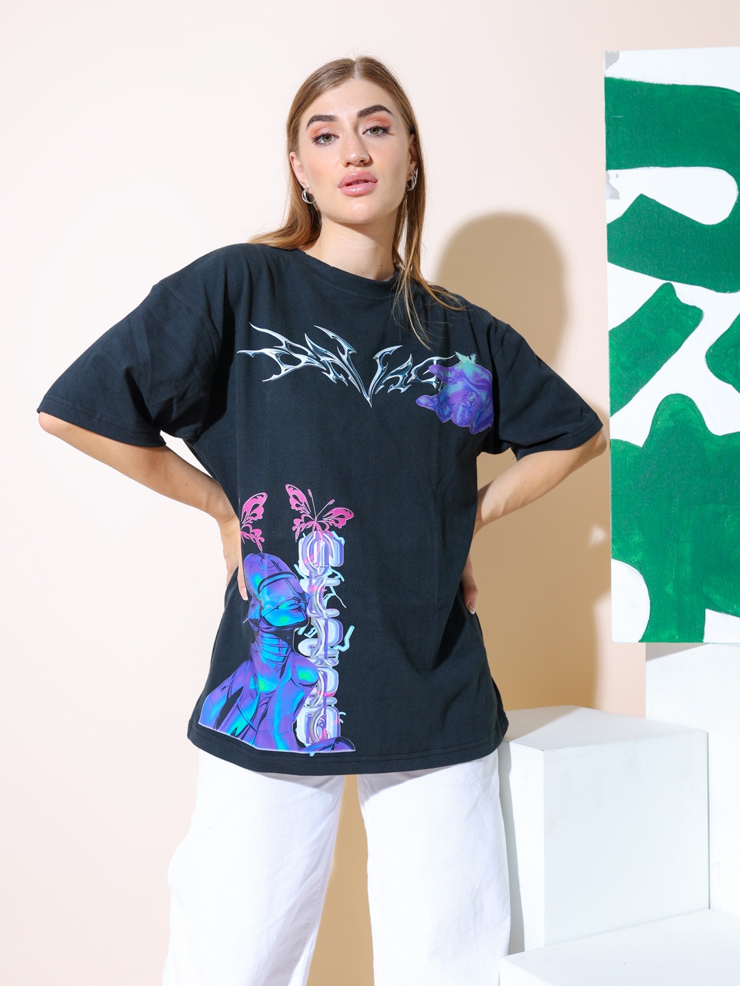 

Stylecast X Hersheinbox Graphic Printed Pure Cotton Oversized T-shirt, Black