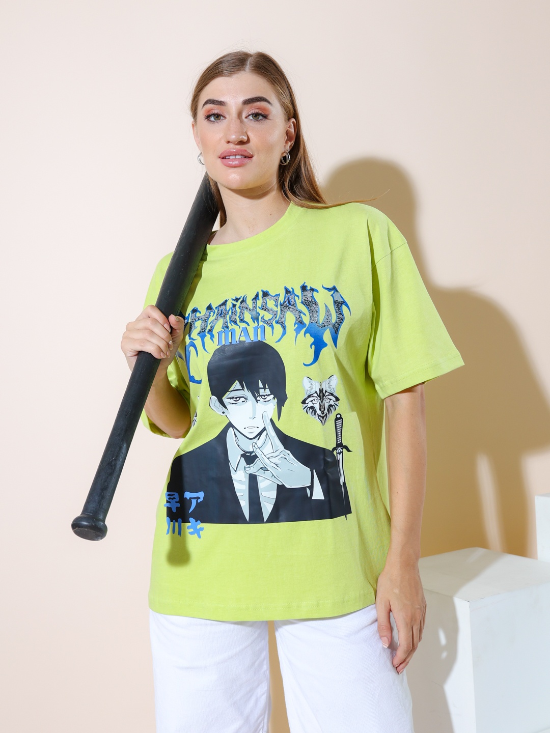 

Stylecast X Hersheinbox Graphic Printed Pure Cotton Oversized T-shirt, Lime green