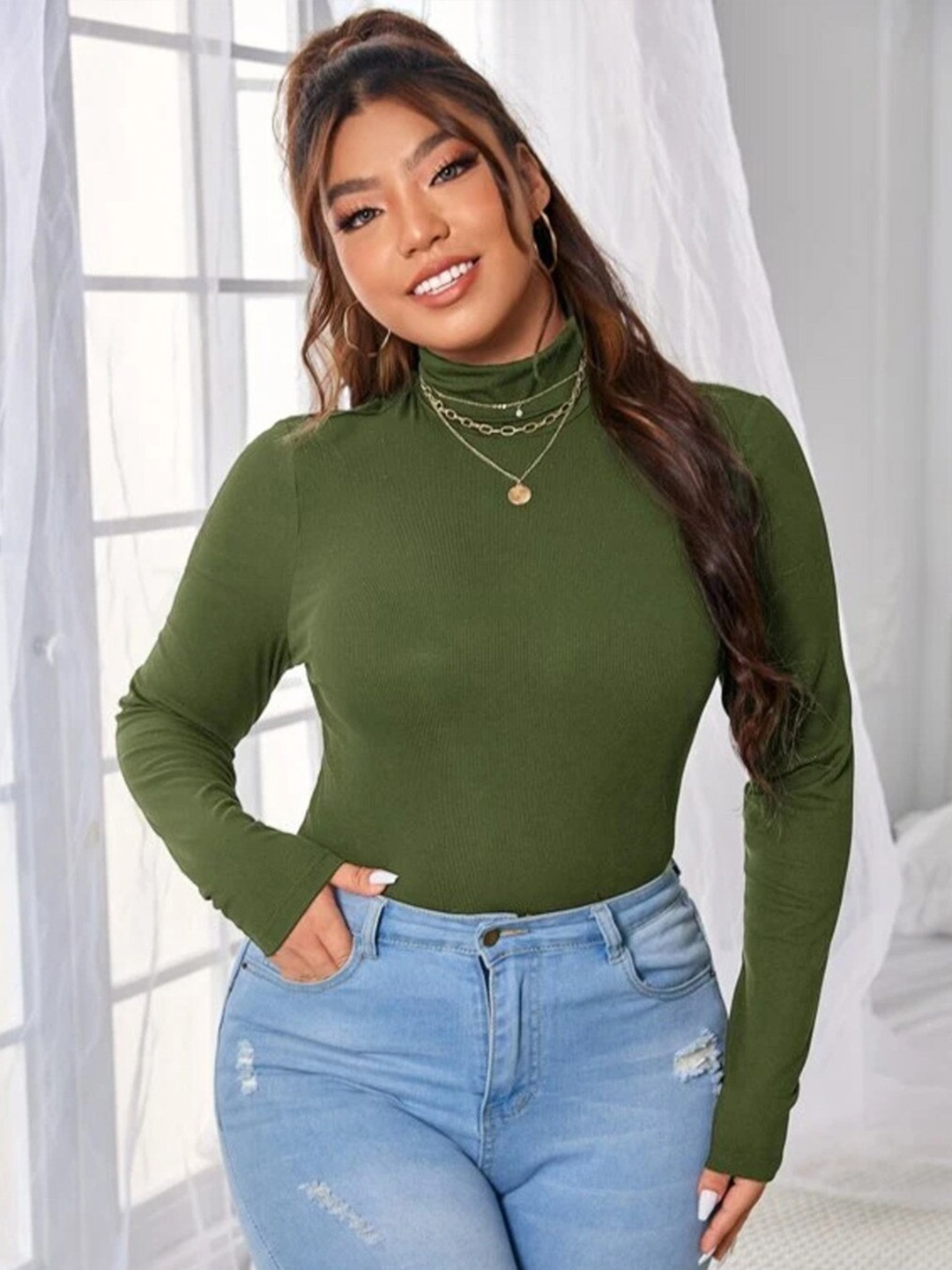 

BAESD Ribbed Turtle Neck Cotton Pullover, Green