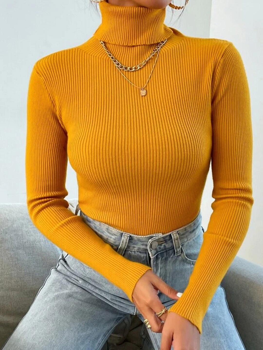 

BAESD Ribbed Cotton Turtle Neck Pullover Sweaters, Mustard