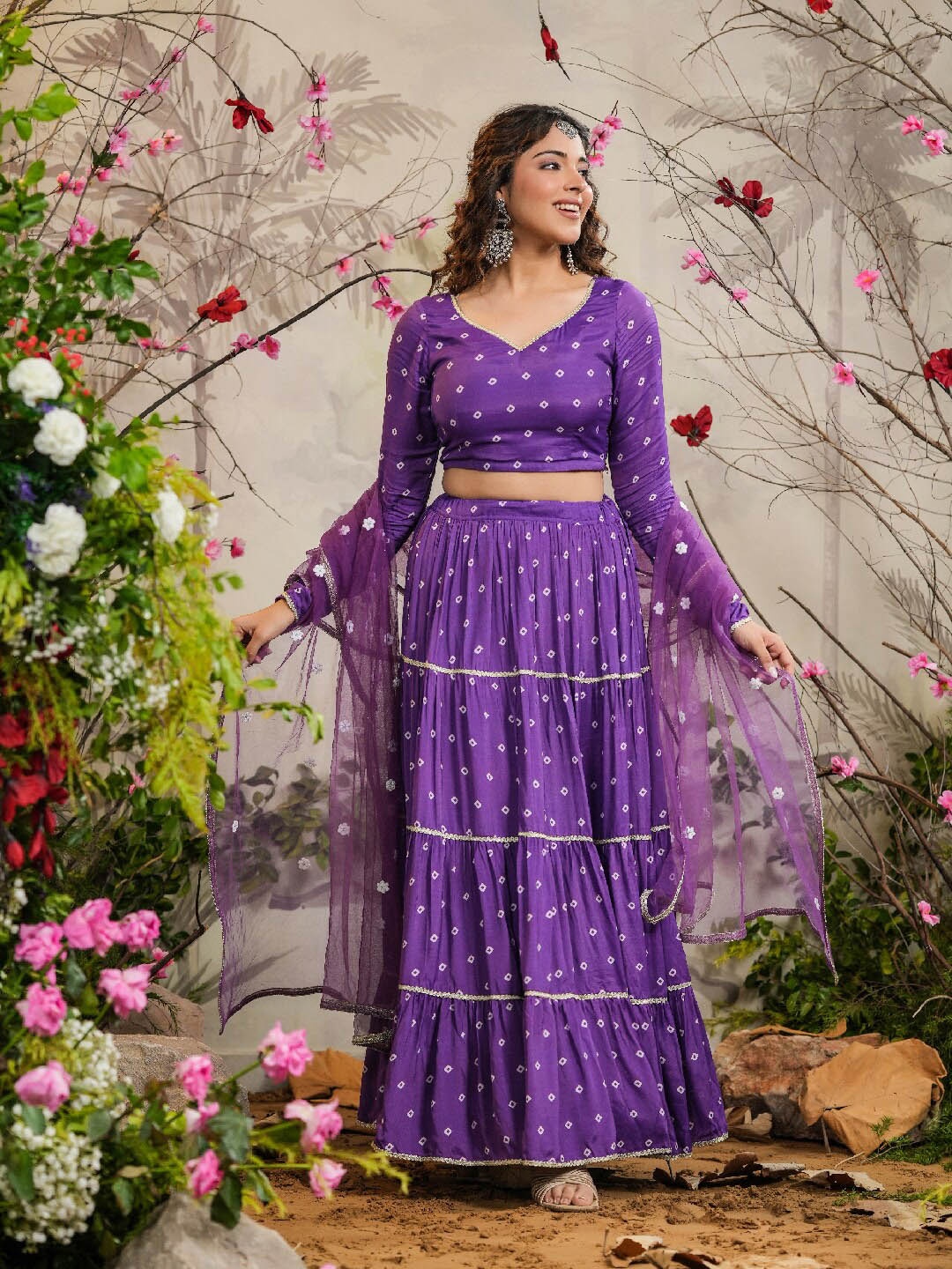 

EverBloom Printed V-Neck Ready to Wear Lehenga & Blouse With Dupatta, Purple