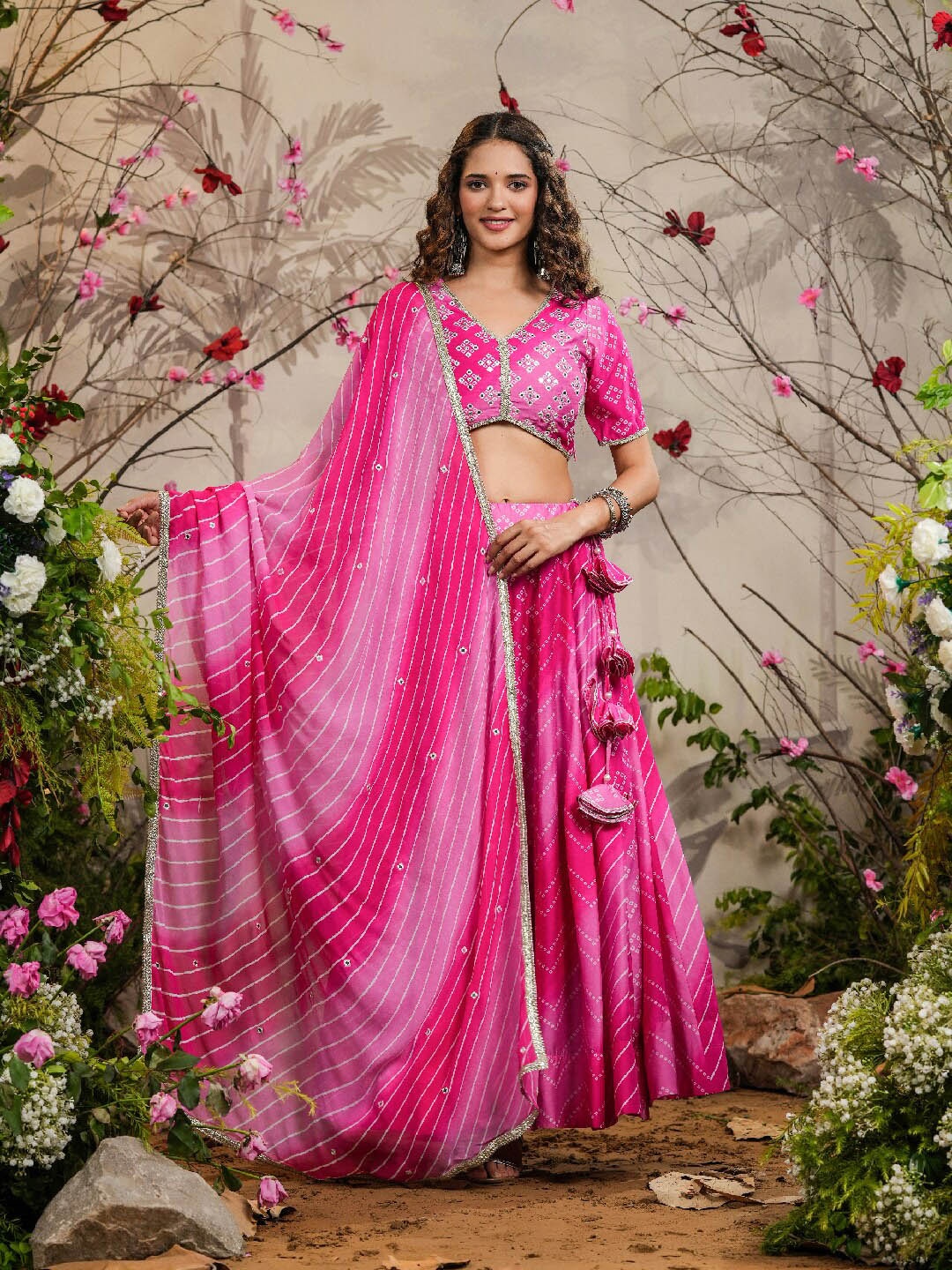 

EverBloom Printed Gotta Patti Ready to Wear Lehenga & Blouse With Dupatta, Pink