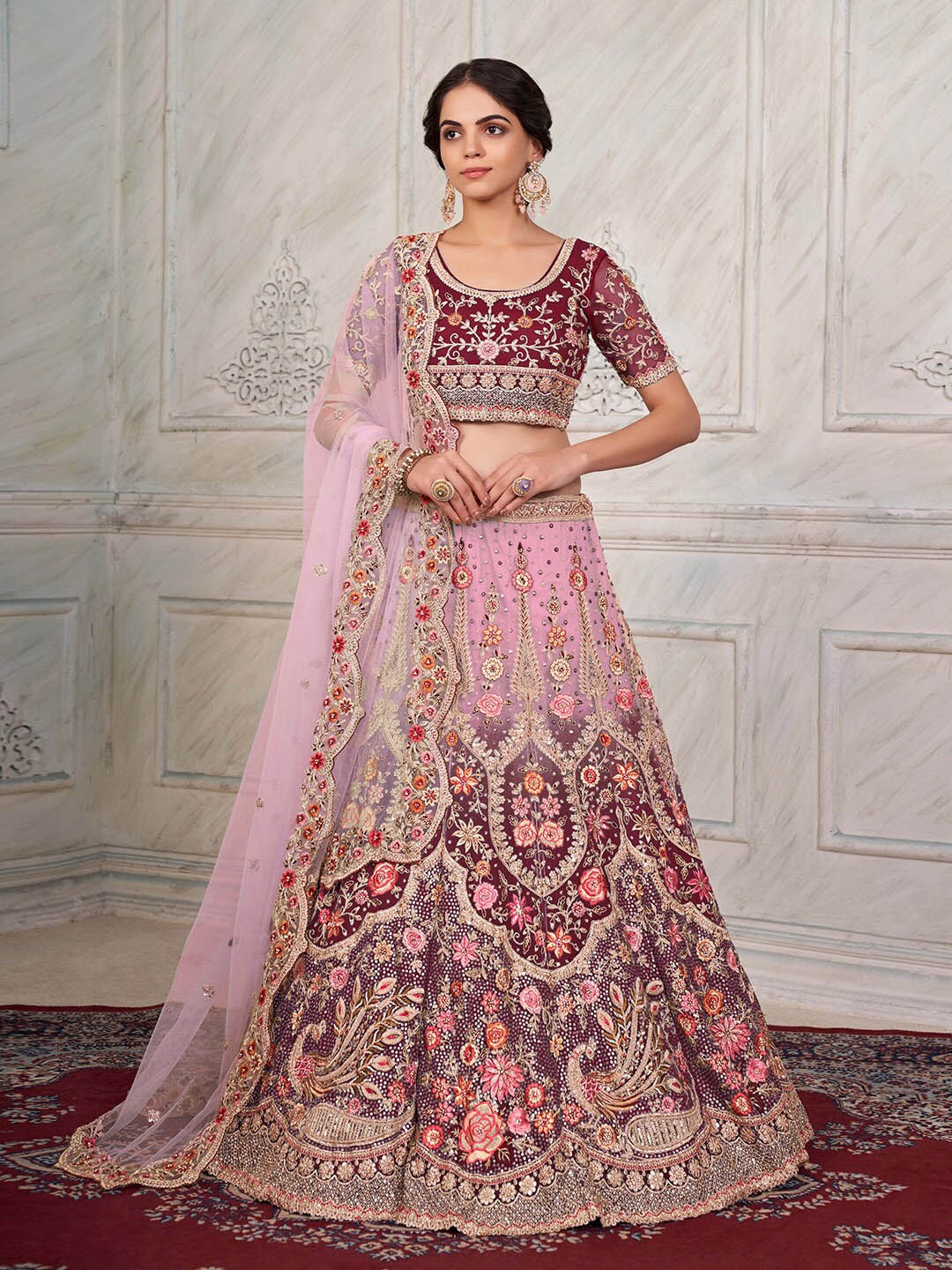 Fusionic Floral Embroidered Net Semi-Stitched Lehenga & Unstitched Blouse With Dupatta, Burgundy