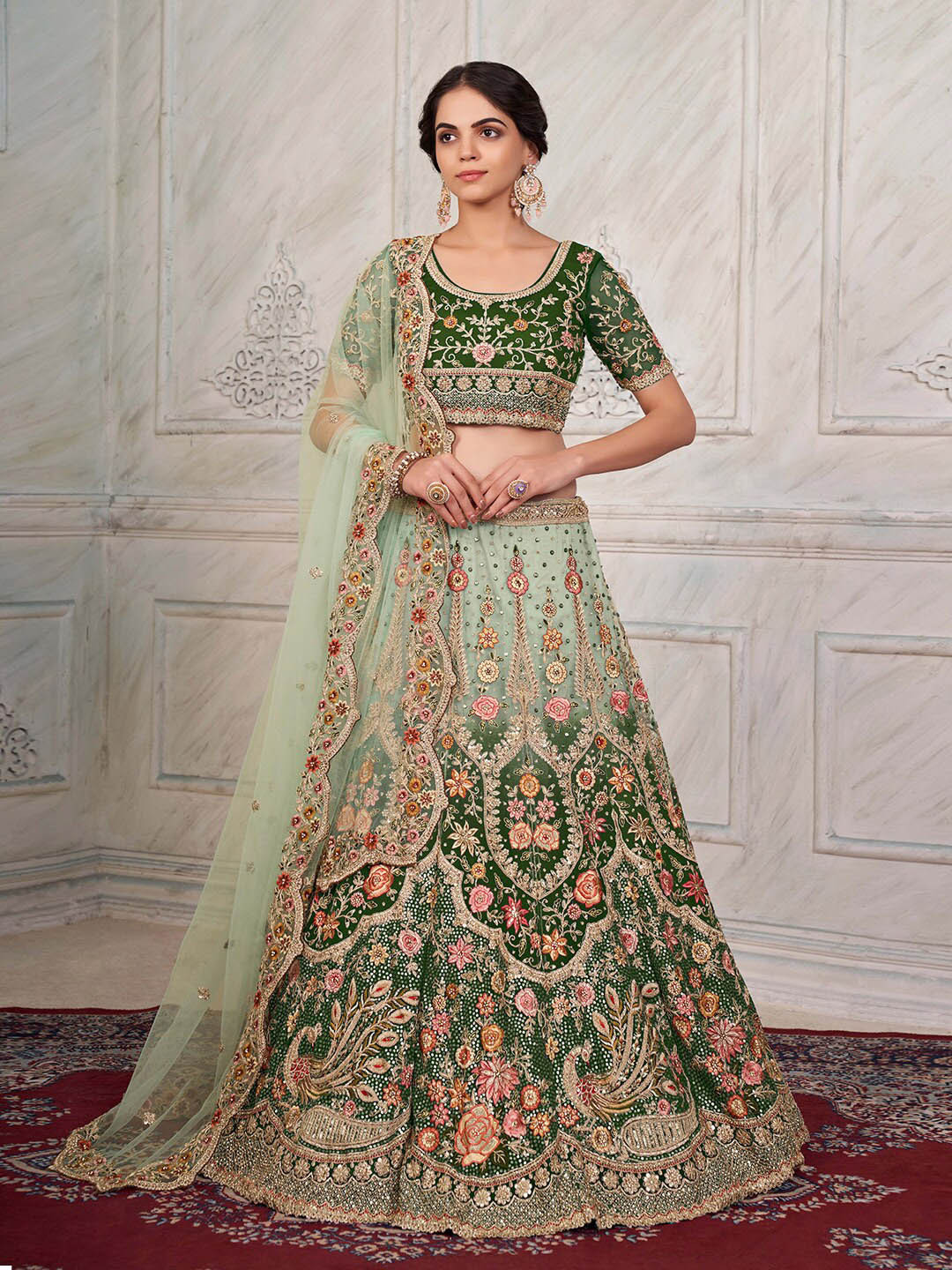 

Fusionic Floral Embroidered Net Semi-Stitched Lehenga & Unstitched Blouse With Dupatta, Olive