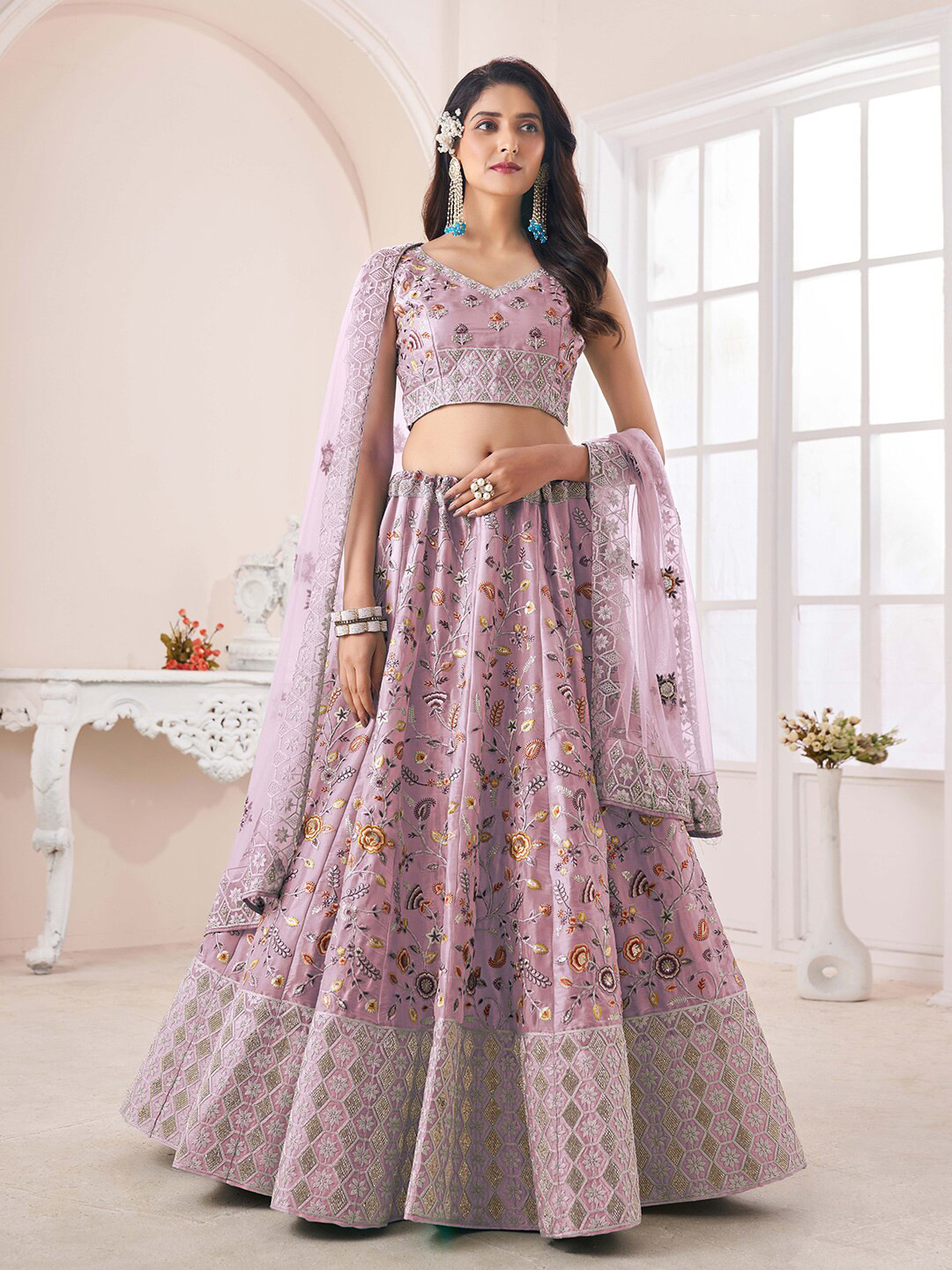 

Fusionic Floral Embroidered Semi-Stitched Lehenga & Unstitched Blouse With Dupatta, Lavender