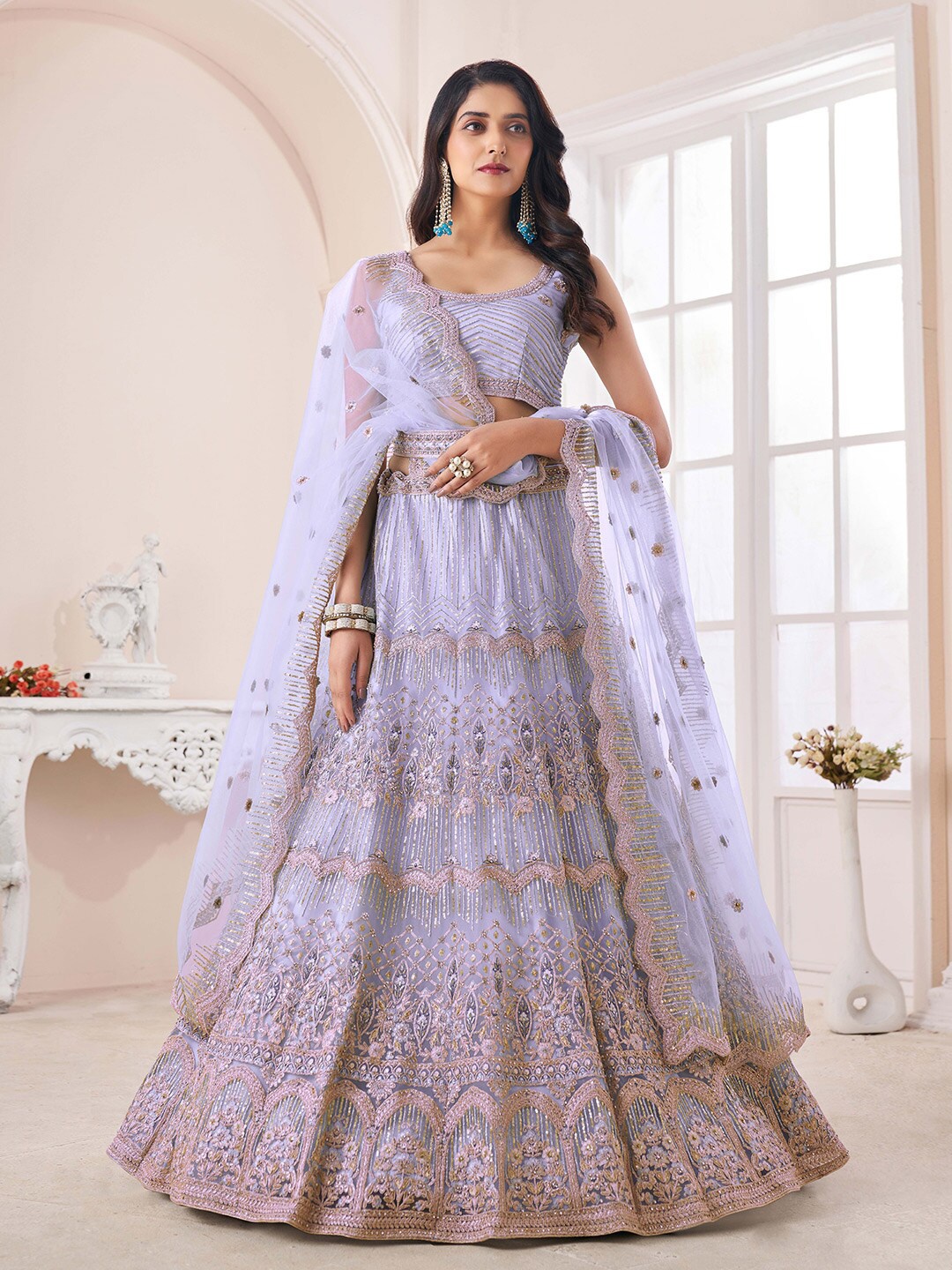 

Fusionic Embroidered Thread Work Semi-Stitched Lehenga & Unstitched Blouse With Dupatta, Lavender
