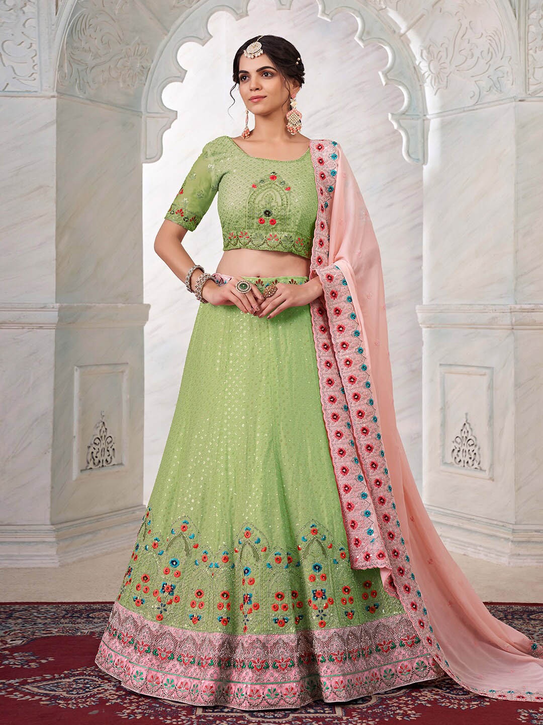 

Fusionic Embroidered Thread Work Semi-Stitched Lehenga & Unstitched Blouse With Dupatta, Green