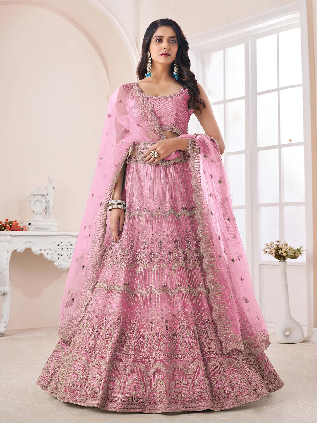 

Fusionic Embroidered Thread Work Semi-Stitched Lehenga & Unstitched Blouse With Dupatta, Pink
