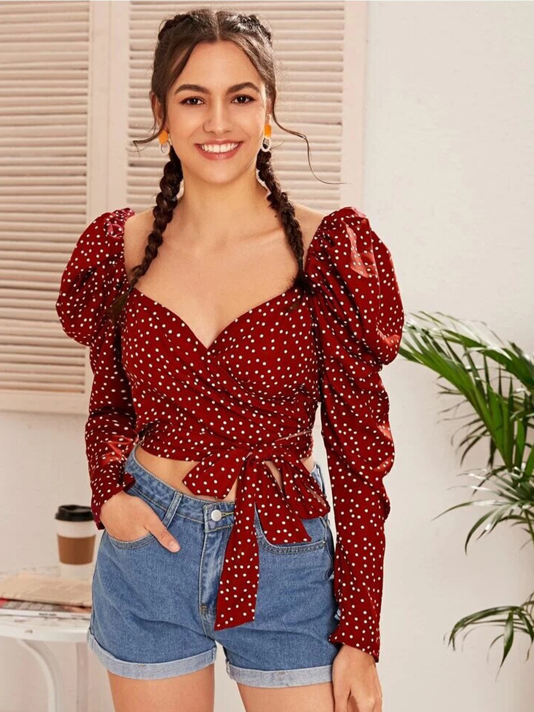 

BAESD Polka Dot Print Sweetheart Neck Puff Sleeve Regular Crop Top, Maroon
