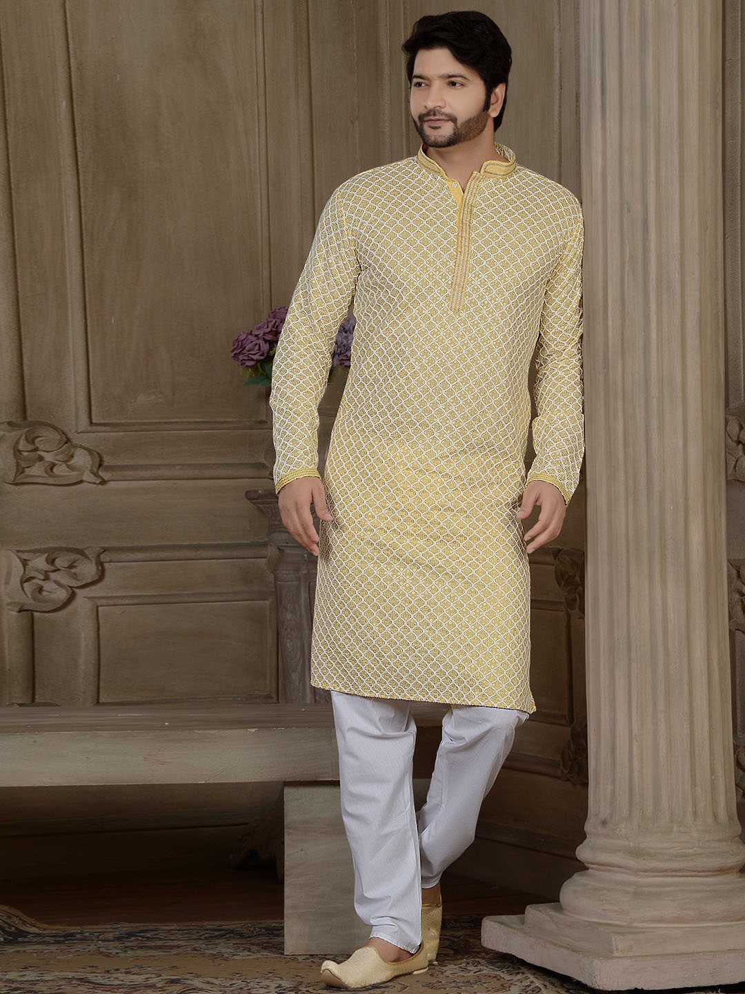 

ARRUGA Ethnic Motifs Embroidered Regular Mandarin Collar Thread Work Kurta with Pyjamas, Yellow