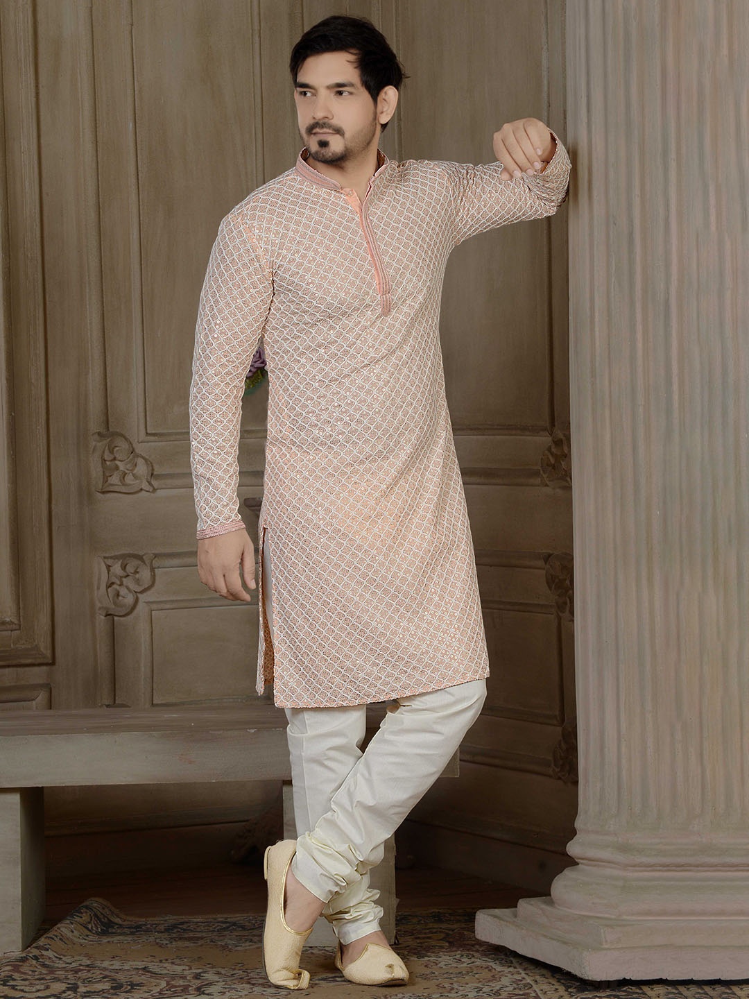 

ARRUGA Ethnic Motifs Embroidered Regular Mandarin Collar Thread Work Kurta with Pyjamas, Peach