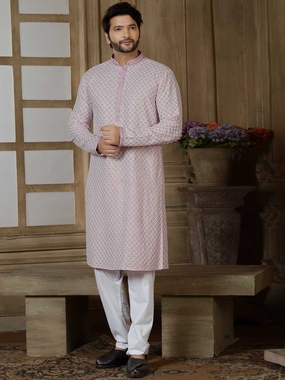 

ARRUGA Ethnic Motifs Embroidered Regular Mandarin Collar Thread Work Kurta with Pyjamas, Pink