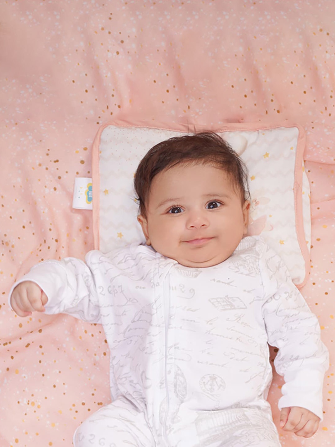 

Fancy Fluff Infants White & Peach-color Printed Organic Cotton Baby Pillow