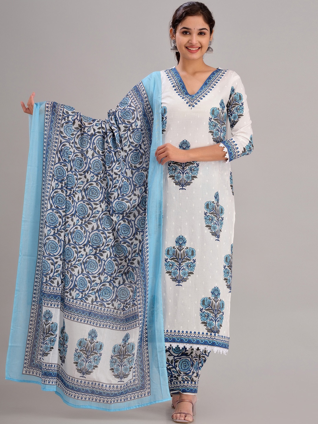 

KALINI Floral Printed Regular Pure Cotton Kurta With Salwar & Dupatta, Blue