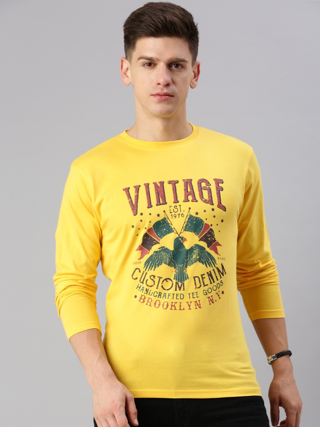 

BLACK RADIO Typography Printed Long Sleeves Pure Cotton T-shirt, Yellow