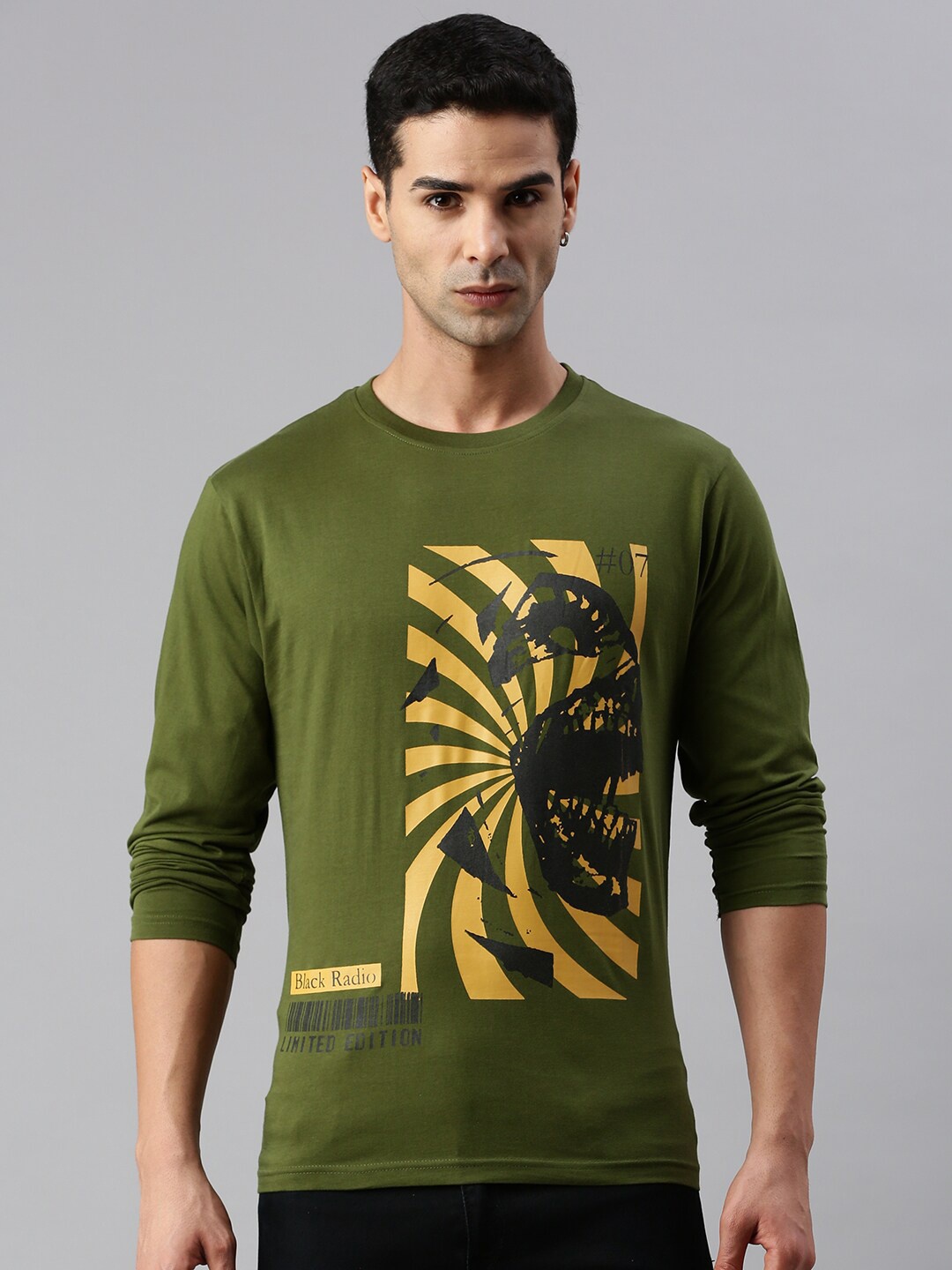 

BLACK RADIO Graphic Printed Long Sleeves Pure Cotton T-shirt, Olive