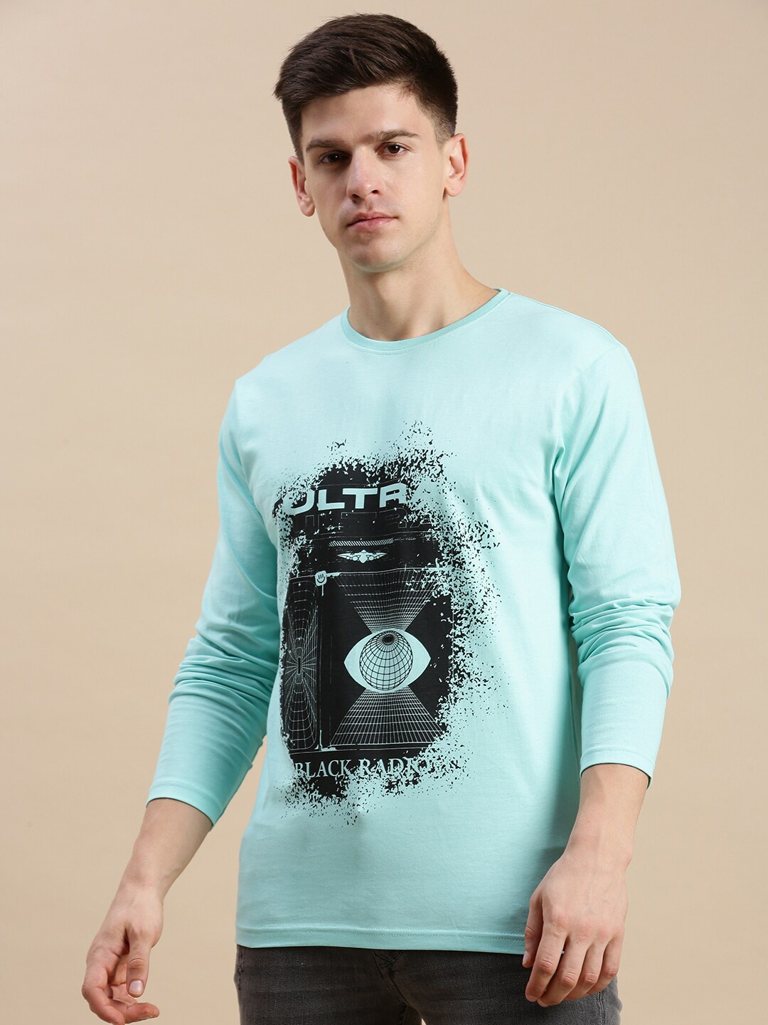 

BLACK RADIO Graphic Printed Long Sleeves Pure Cotton T-shirt, Blue