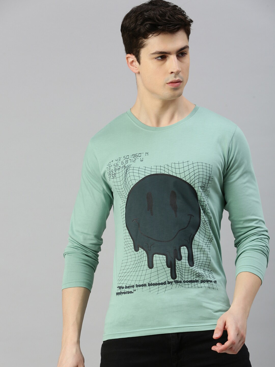 

BLACK RADIO Graphic Printed Long Sleeves Pure Cotton T-shirt, Sea green