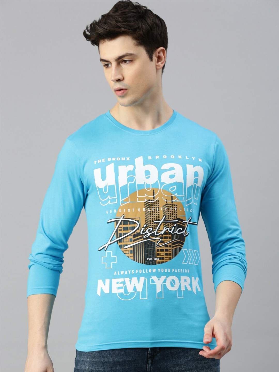 

BLACK RADIO Typography Printed Pure Cotton T-shirt, Turquoise blue
