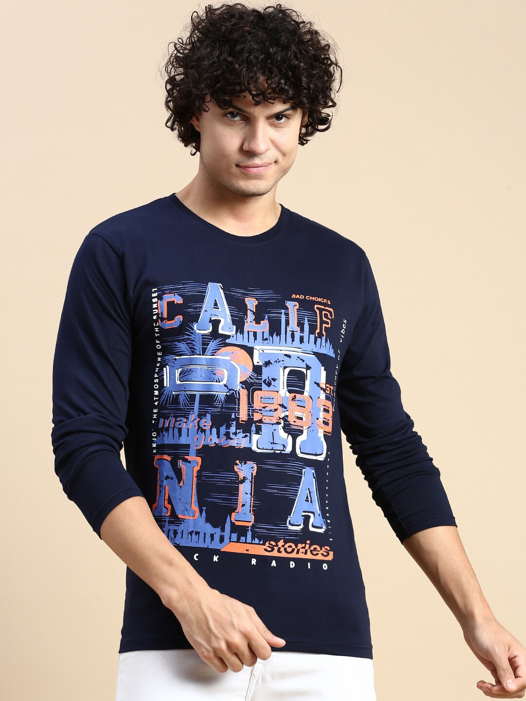 BLACK RADIO Typography Printed Round Neck Pure Cotton T-shirt, Navy blue